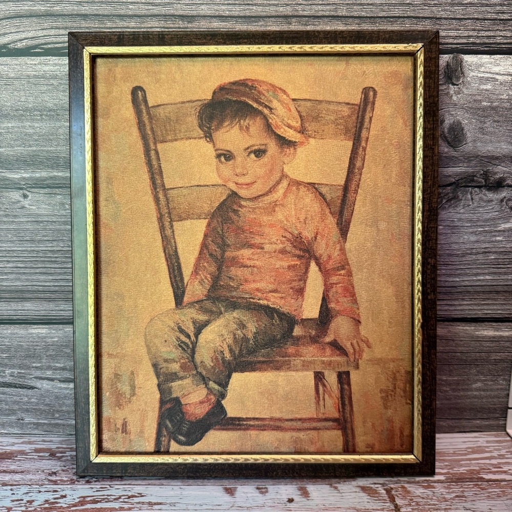 Vintage print by artist M. Medeiros titled "Mischief Maker" boy in chair